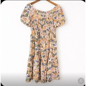 Jopra Floral Smocked Tiered Midi Dress Womens L Linen Blend Peasant Boho Puff